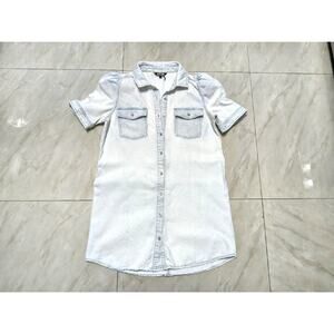 DKNY Jeans Dress Womens Large Blue Denim Shirt Short Sleeve Button Front Pockets